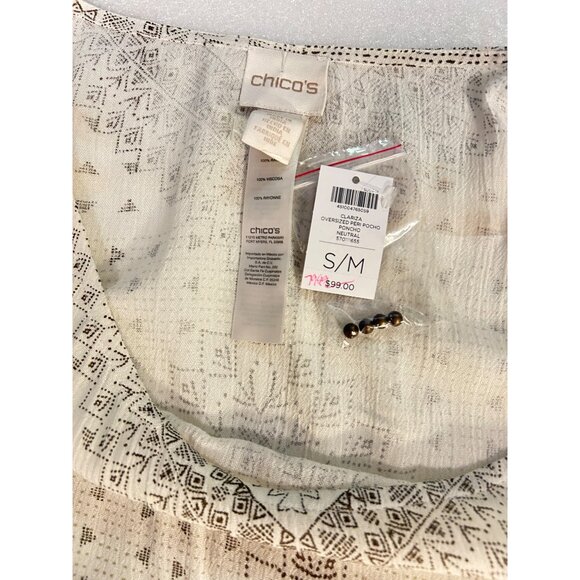Chicos Clariza Oversize Poncho S/M Beige/Brown Geometric Print Beaded Trim NWT - Picture 4 of 5